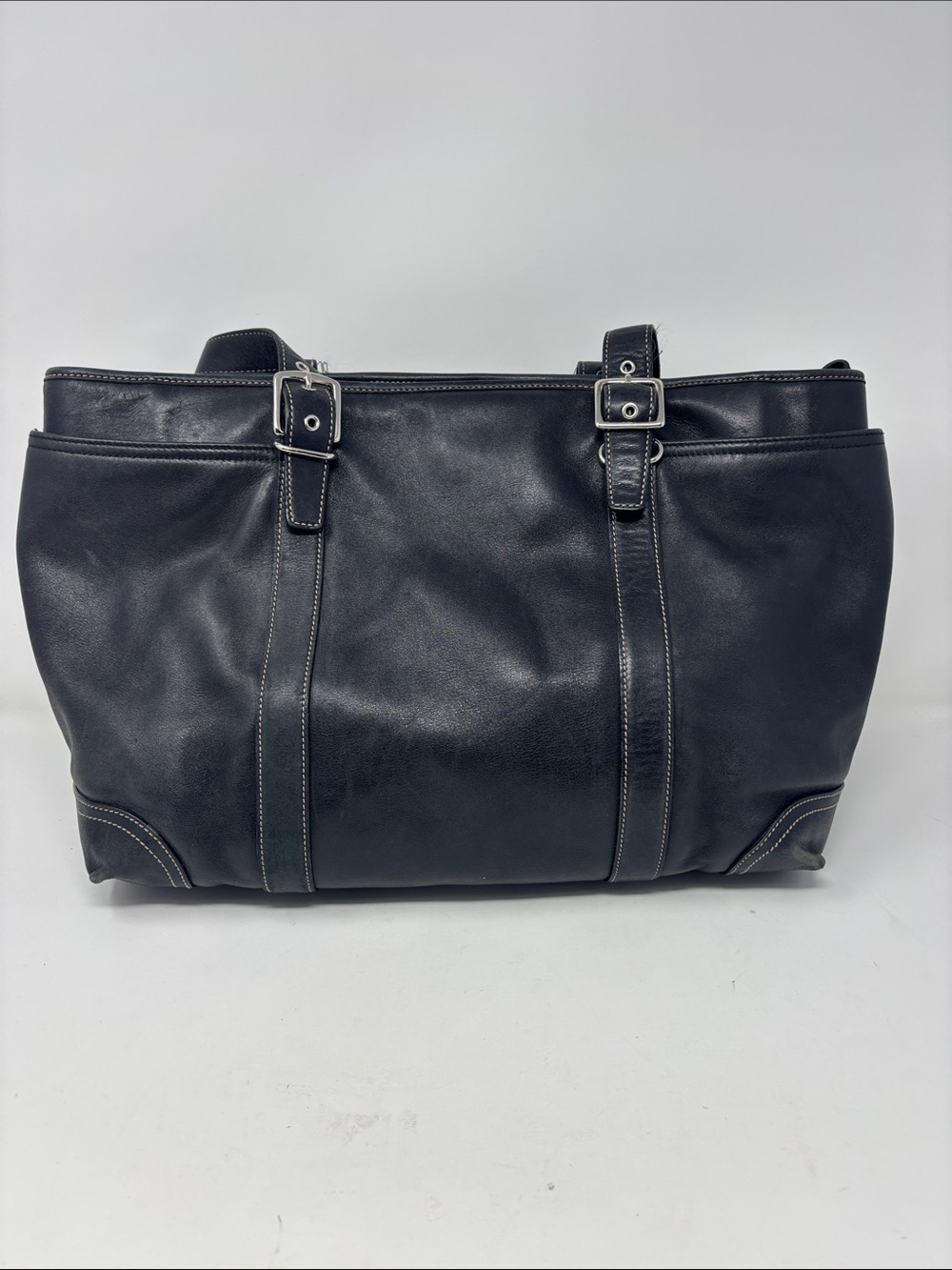 Coach | Classic Black Leather Tote Bag with Buckle Straps